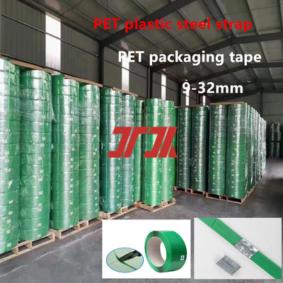 Vente chaude d'usine 9-25mm Sangle d'acier plastique PET Cerclage de palettes PET Sangle d'acier PET pour machine de cerclage pneumatique Collage automatique